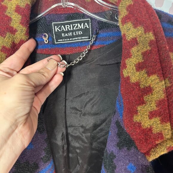 KARIZMA VTG 80s 90s USA Wool Aztec Navajo Blanket Jacket Southwestern Coat 10 L - Picture 4 of 10